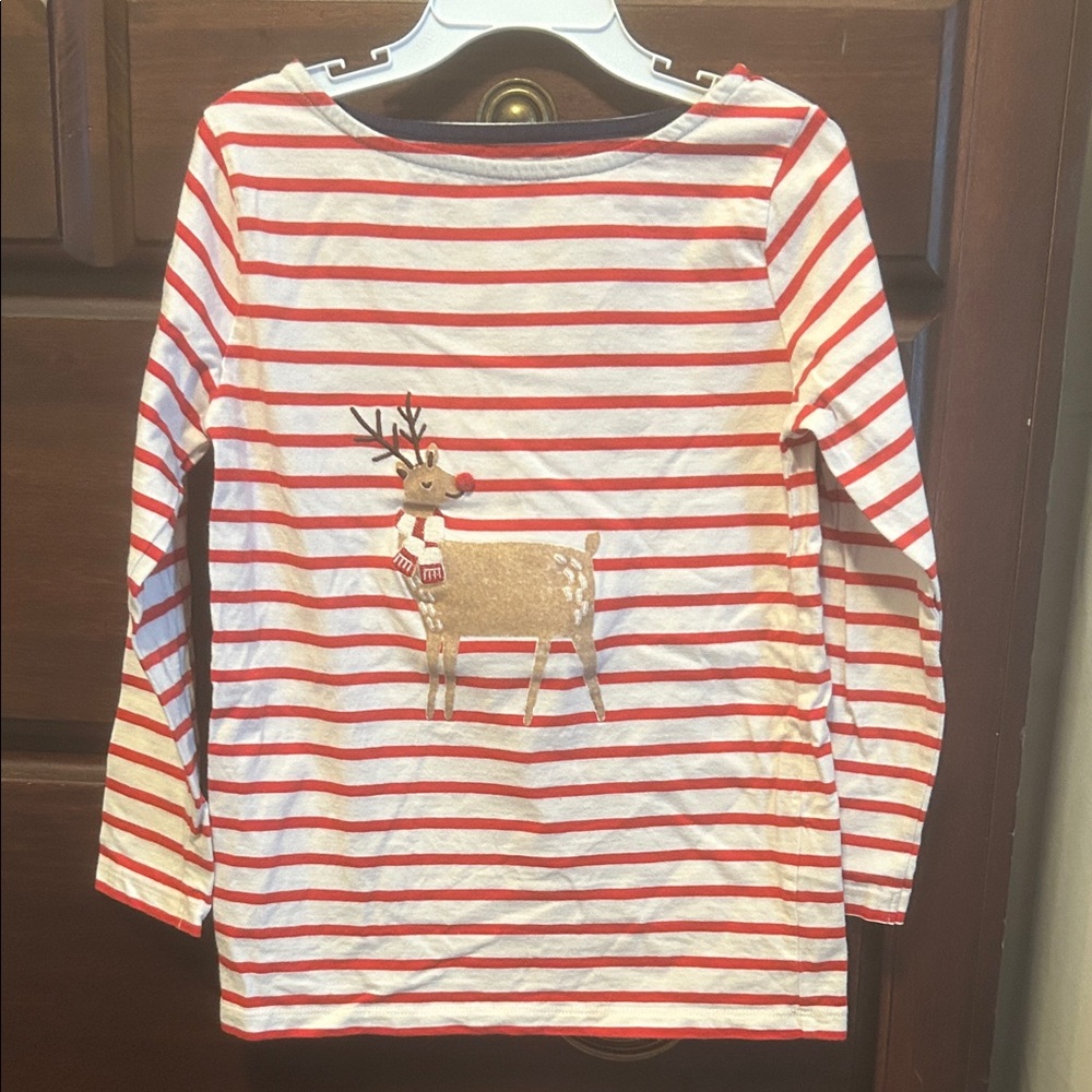 Boden Red and White Striped Reindeer Long Sleeve Tee